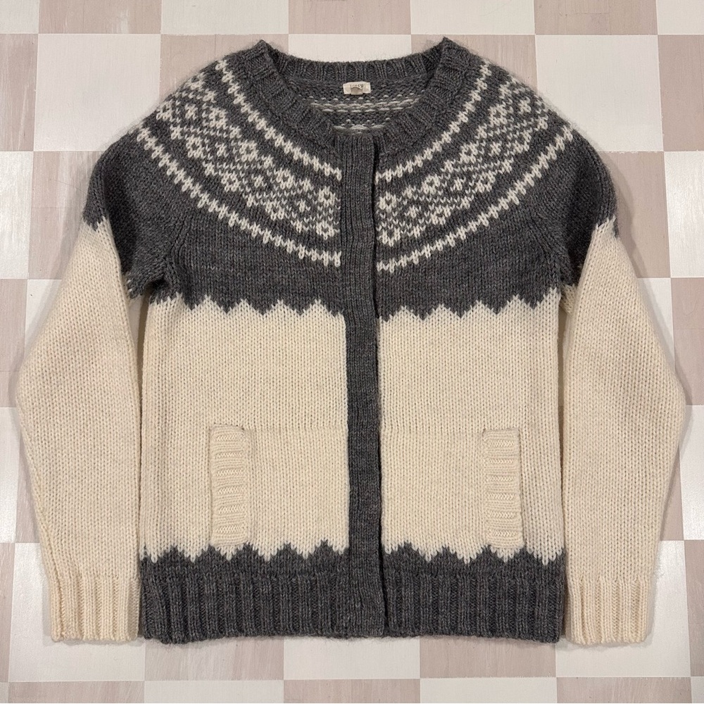 j crew fair isle grey off white alpaca wool blend cardigan sweater snap button